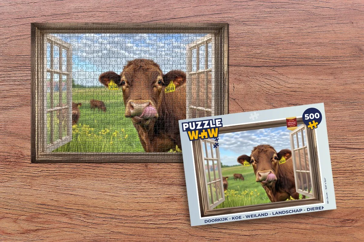 PuzzleWow Doorkijk Koe Weiland Legpuzzel 500 Stuks