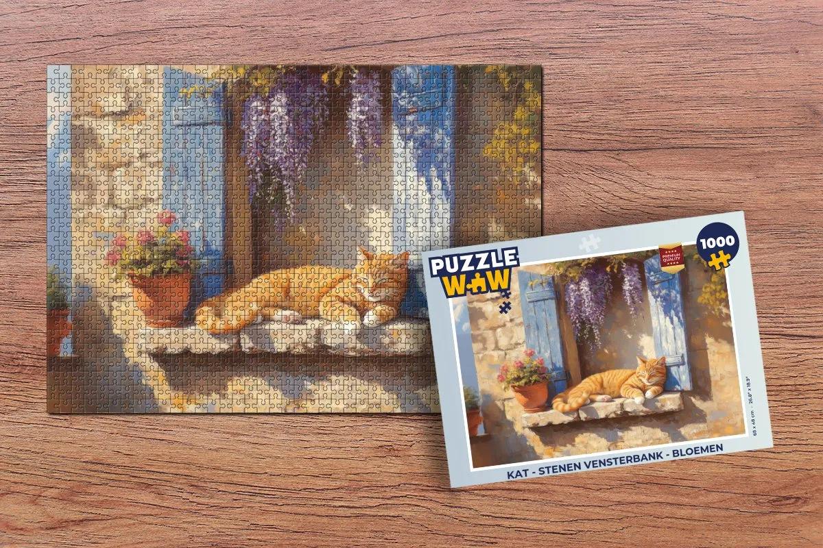 PuzzleWow Kat Vensterbank Bloemen Legpuzzel 1000 Stuks