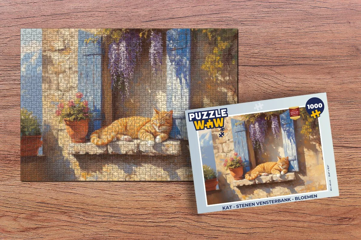 PuzzleWow Kat Vensterbank Bloemen Legpuzzel 1000 Stuks