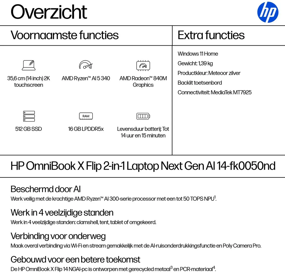 HP OmniBook X Flip Next Gen AI 14-fk0050nd Laptop - Ryzen AI 5 16GB/512GB
