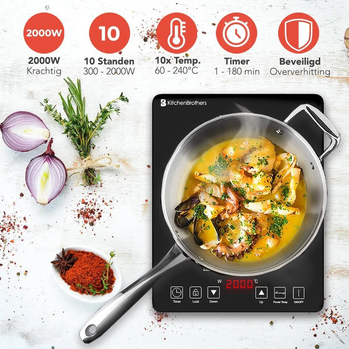 KitchenBrothers Inductie Kookplaat - 1 Pits - Vrijstaand - 2000W - Zwart