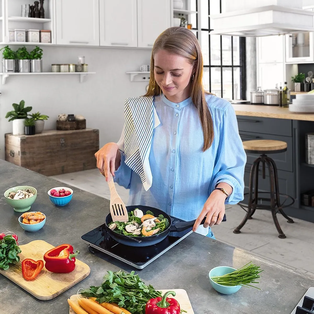 KitchenBrothers Inductie Kookplaat - 1 Pits - Vrijstaand - 2000W - Zwart