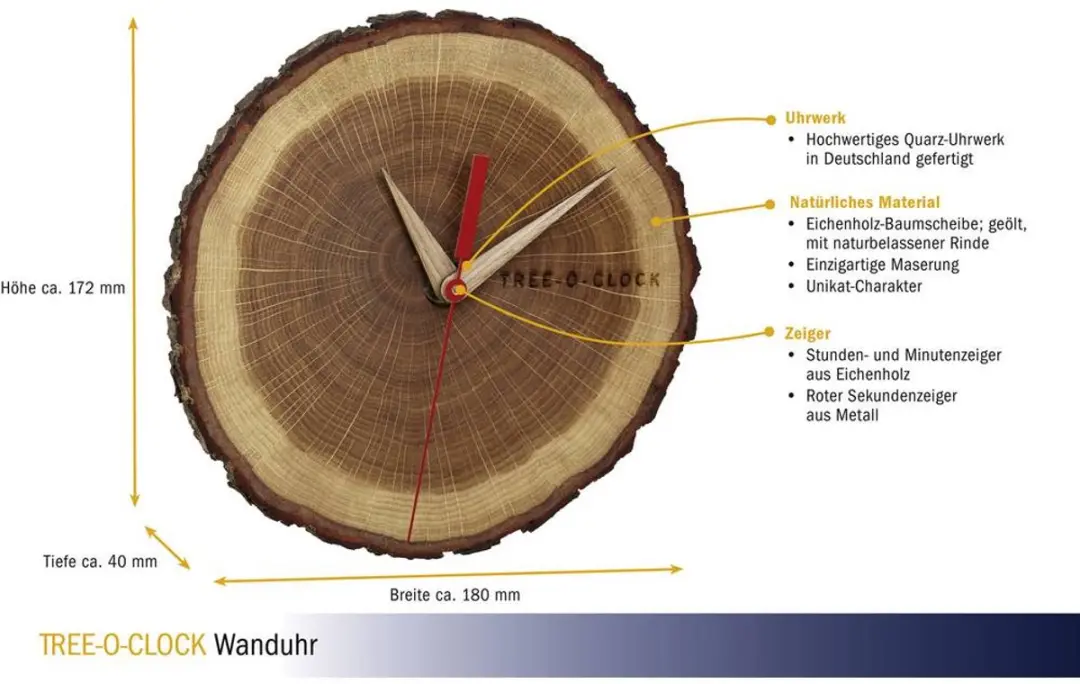 TFA Dostmann Boomschijf Wandklok 18cm - Geolied Eikenhout - afbeelding 5 van 6