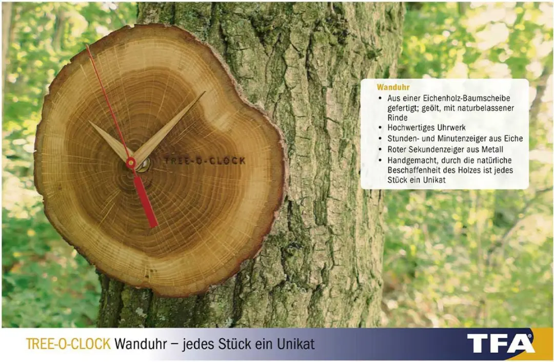 TFA Dostmann Boomschijf Wandklok 18cm - Geolied Eikenhout - afbeelding 2 van 6