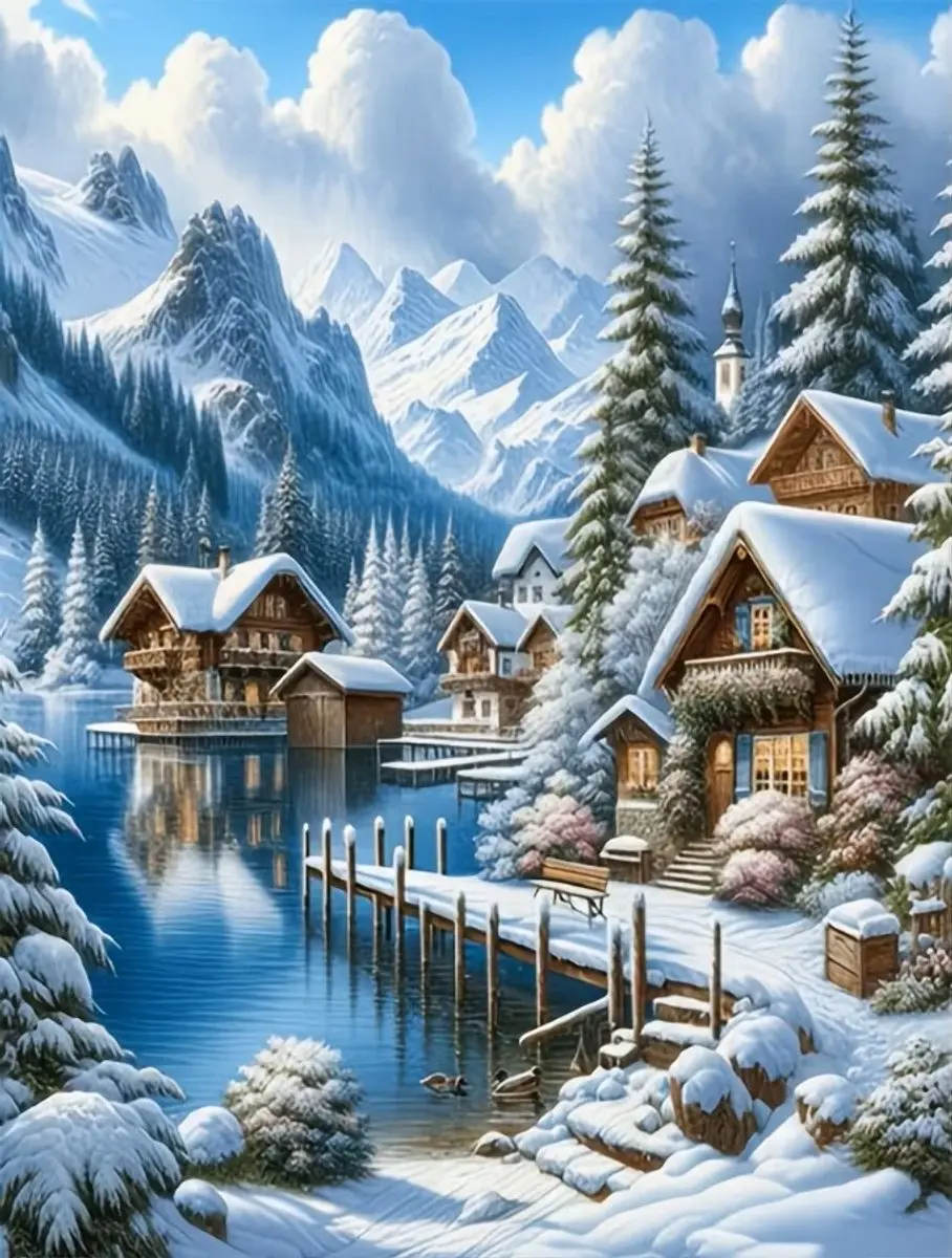 25x20cm Diamond Painting winter landschap (rond) nr 436