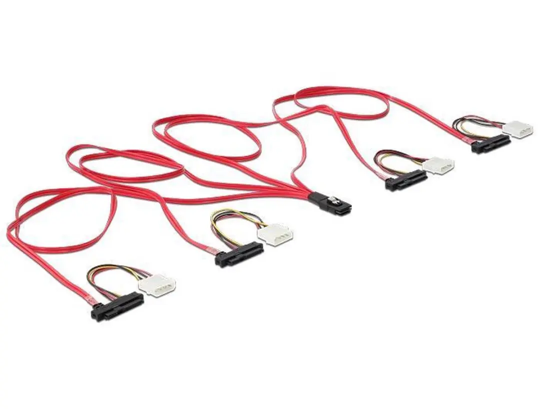 Delock Mini-SAS SFF-8087 naar 4x SAS SFF-8482 + 4x Molex - 1m - Rood - afbeelding 2 van 5