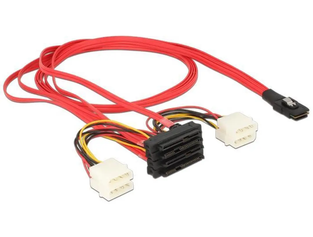 Delock Mini-SAS SFF-8087 naar 4x SAS SFF-8482 + 4x Molex - 1m - Rood - afbeelding 3 van 5