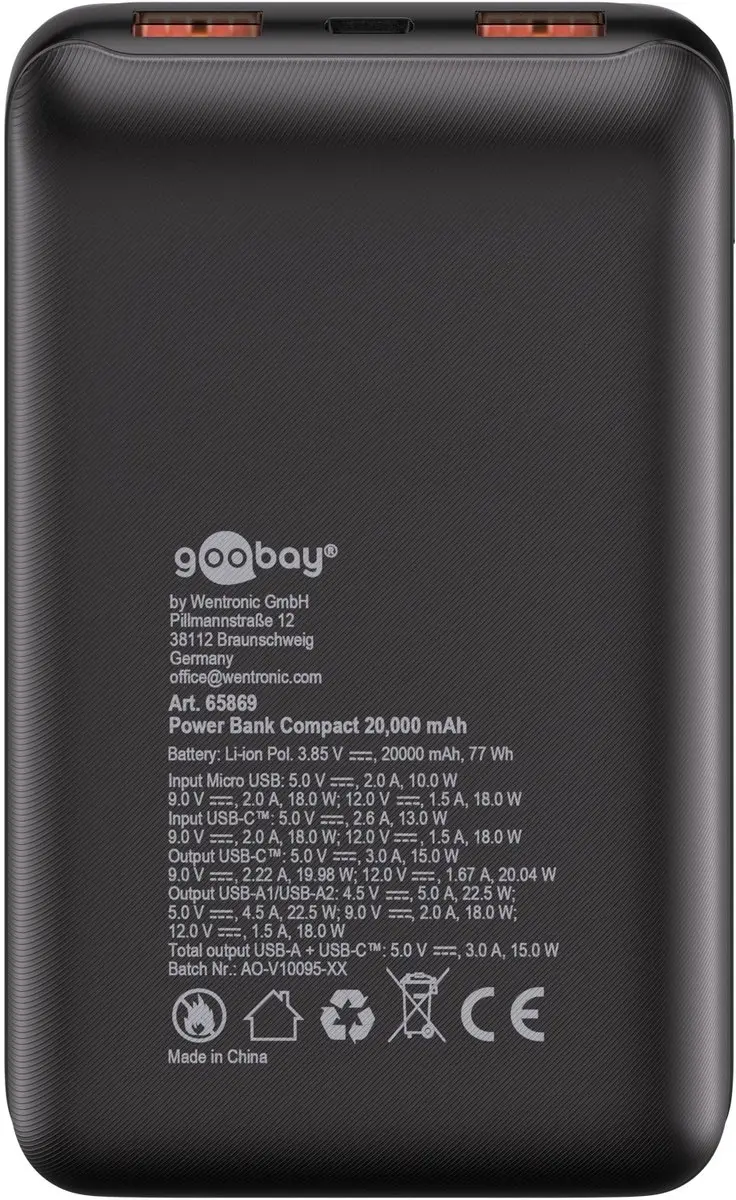 Goobay Powerbank 20.000mAh 22,5W - 3x USB - PD/QC - Zwart
