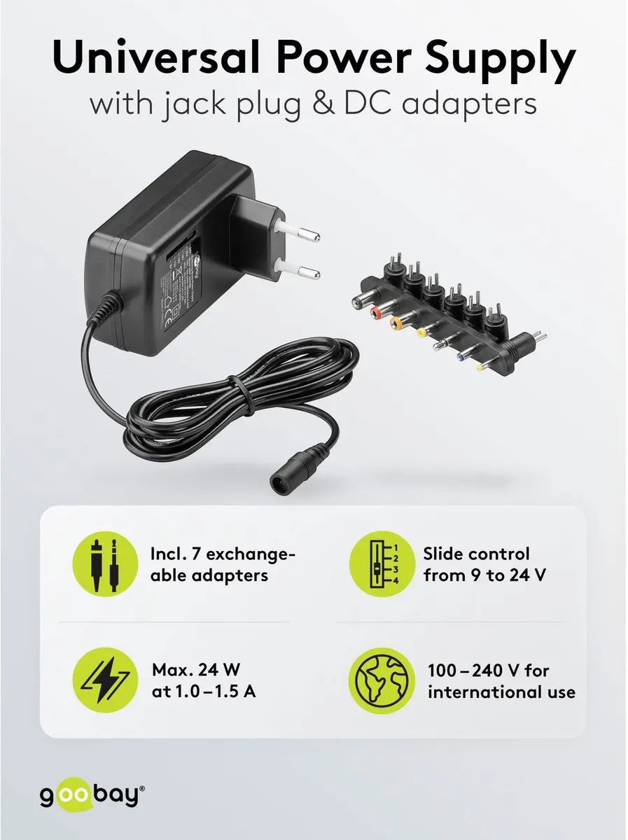 Goobay Universele Voeding 54799 - 24W - 7x DC-adapters - 1,6m - Zwart