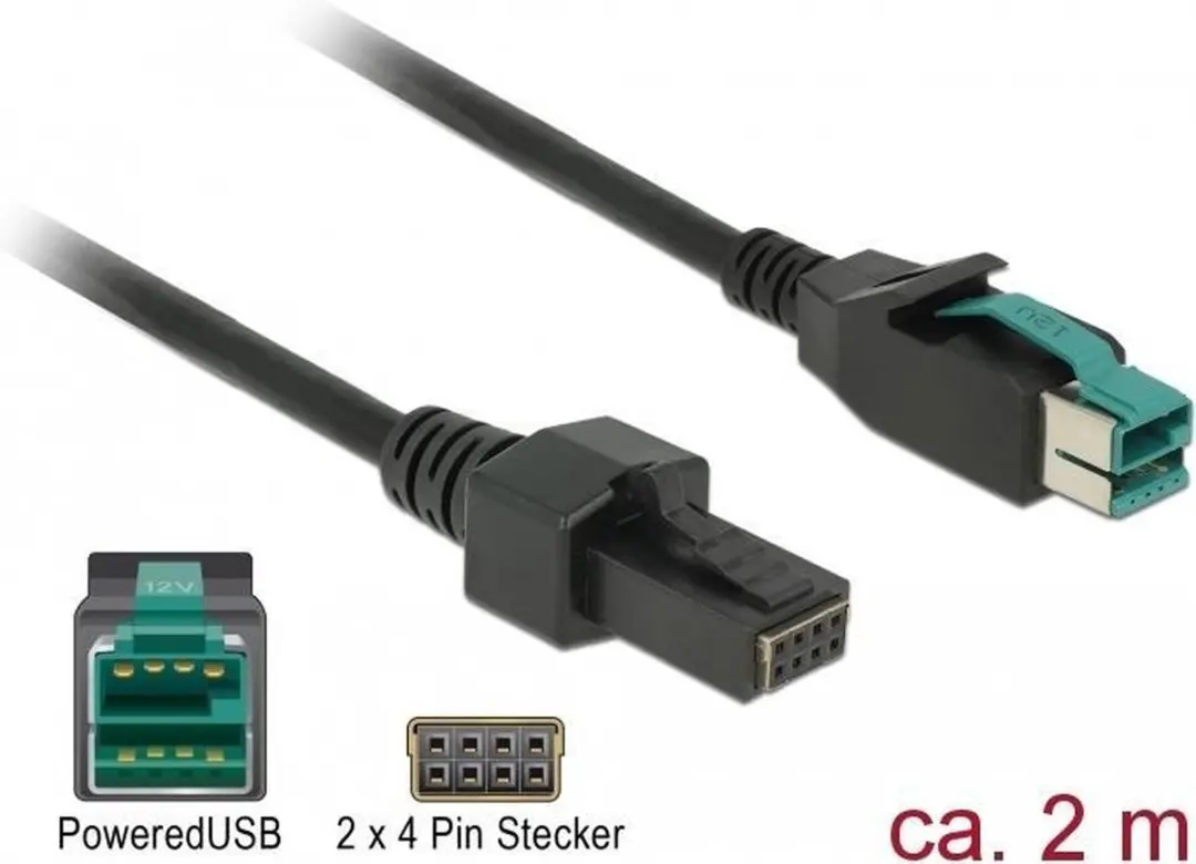 Delock PoweredUSB Kabel 12V - 2x 4-pin Male - 2m - Zwart - afbeelding 5 van 5