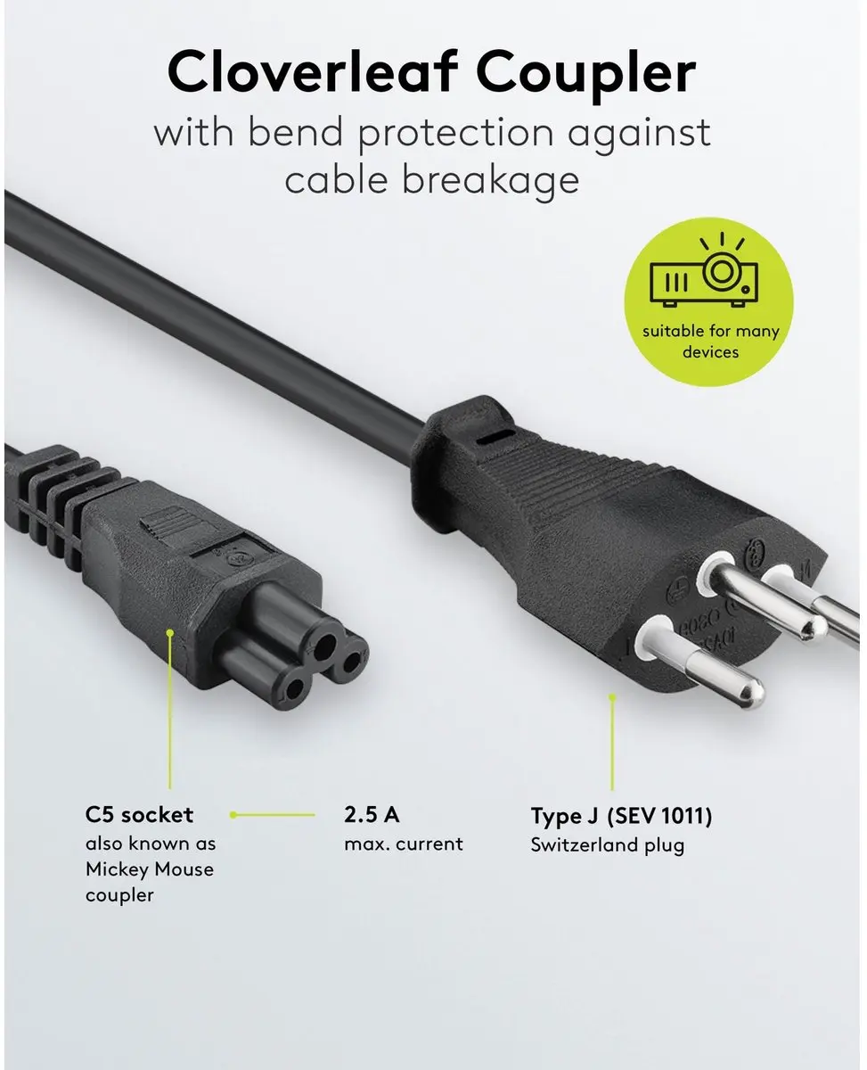 Goobay Zwitserse type J-stekker naar C5 netsnoer 1,8m - Zwart