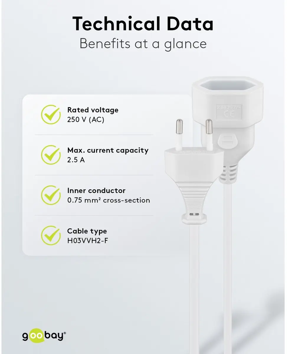 Goobay Europlug Verlengkabel 3m - 1 Stopcontact - 625W - Wit
