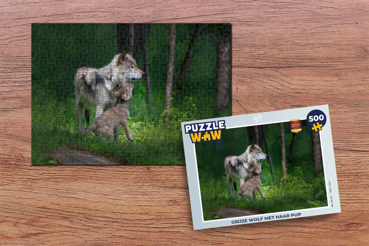 PuzzleWow Legpuzzel Grijze Wolf met Pup 500 Stuks - Multicolor