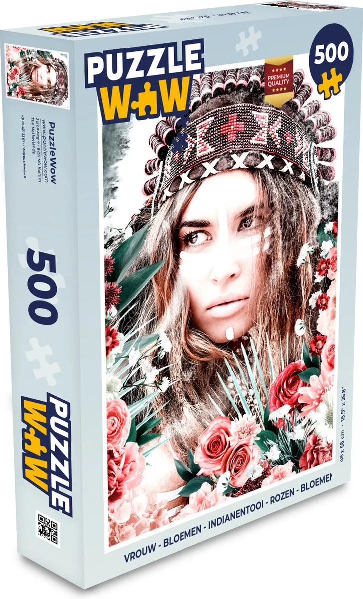 PuzzleWow Vrouw - Bloemen - Indianentooi - Rozen Legpuzzel 500 Stuks - Multicolor