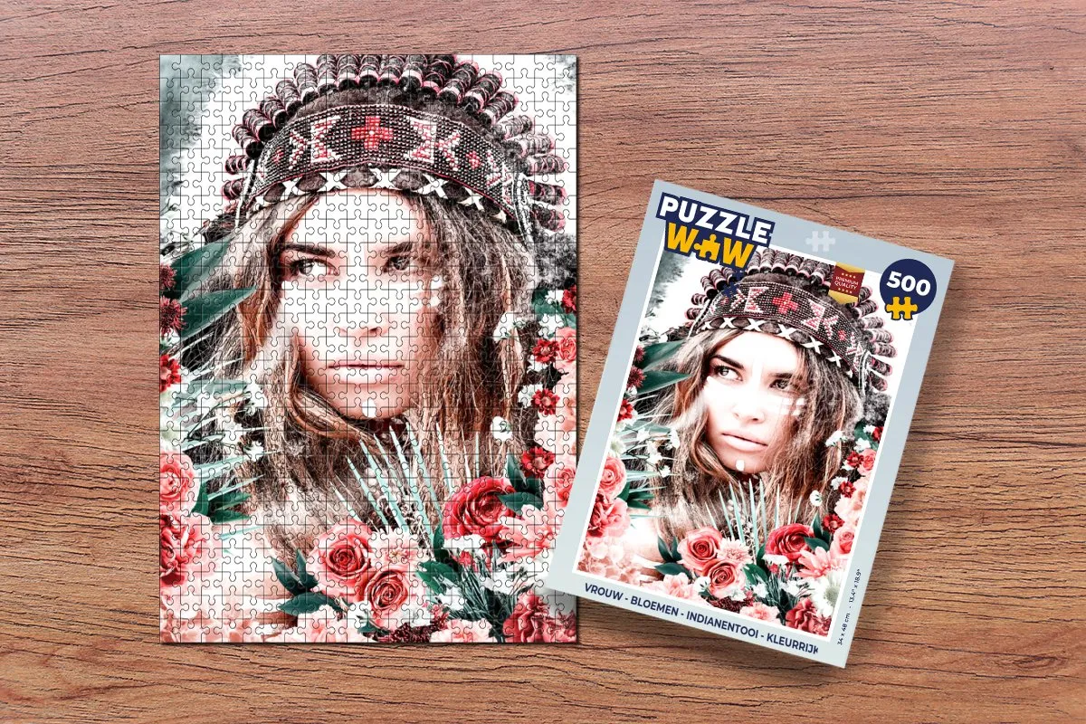 PuzzleWow Vrouw - Bloemen - Indianentooi - Rozen Legpuzzel 500 Stuks - Multicolor