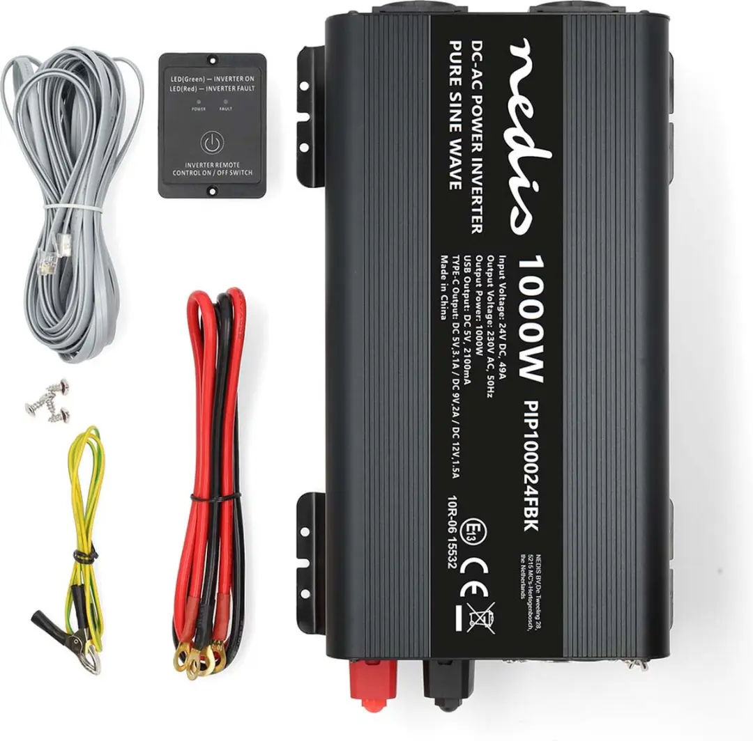 Nedis Auto Omvormer 1000W 24V/230V - Zuivere Sinus - 2x Stopcontact + USB - Zwart - afbeelding 4 van 6