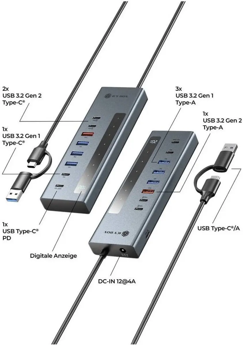 Icy Box IB-HUB1743-CPD USB-Hub 10 Gbps - 7+1 Poorten - Blauw - afbeelding 2 van 4