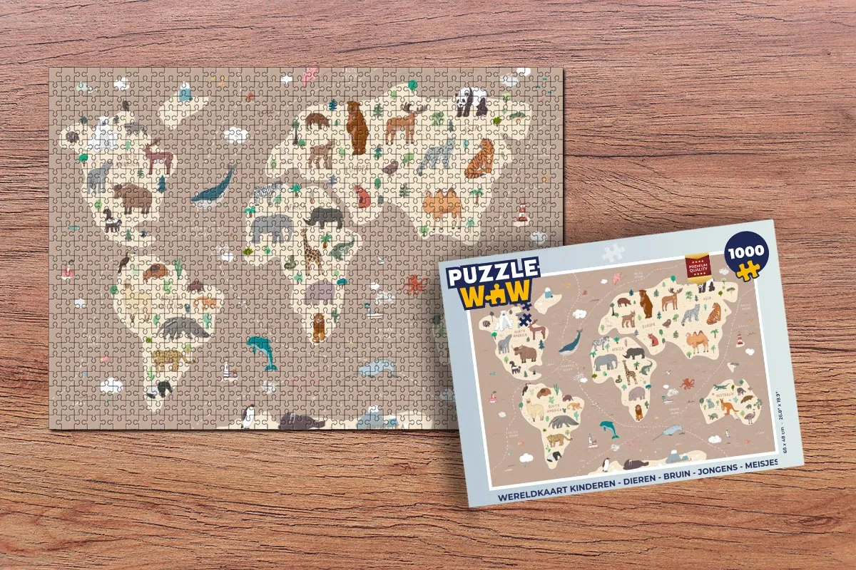 PuzzleWow Wereldkaart Dieren Puzzel 1000 Stuks - Multicolor