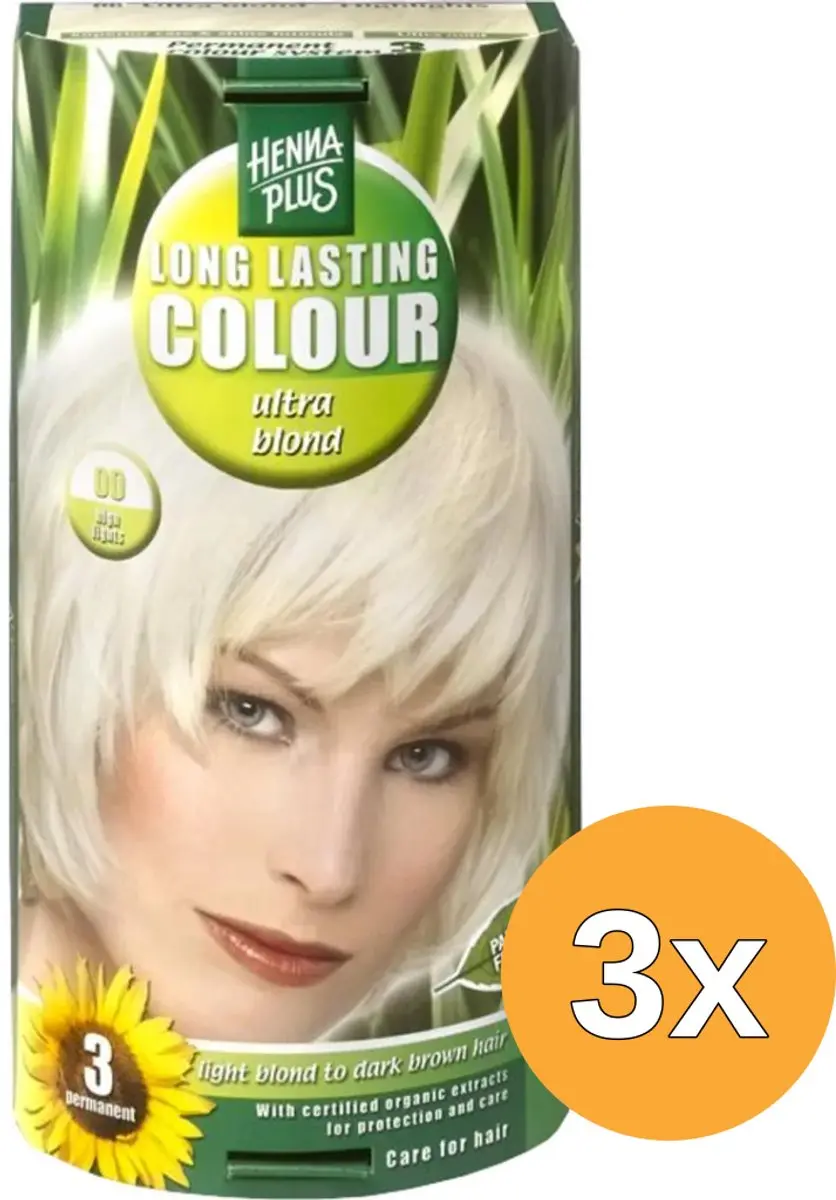 3x Hennaplus Long Lasting Colour 00 Blonde Coupe Soleil (140 ml)