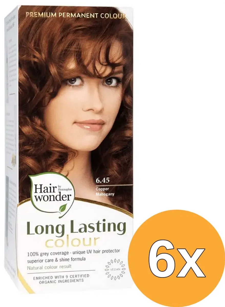6x Hairwonder Long Lasting Colour 6.45 Copper Mahogany (100 ml)