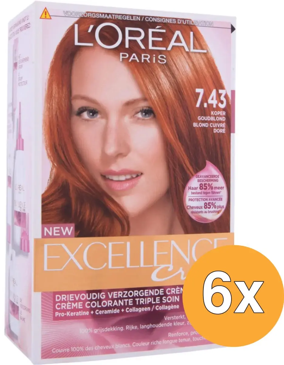 6x L'Oréal Paris Excellence Creme 7.43 Koper Goudblond (1 set)