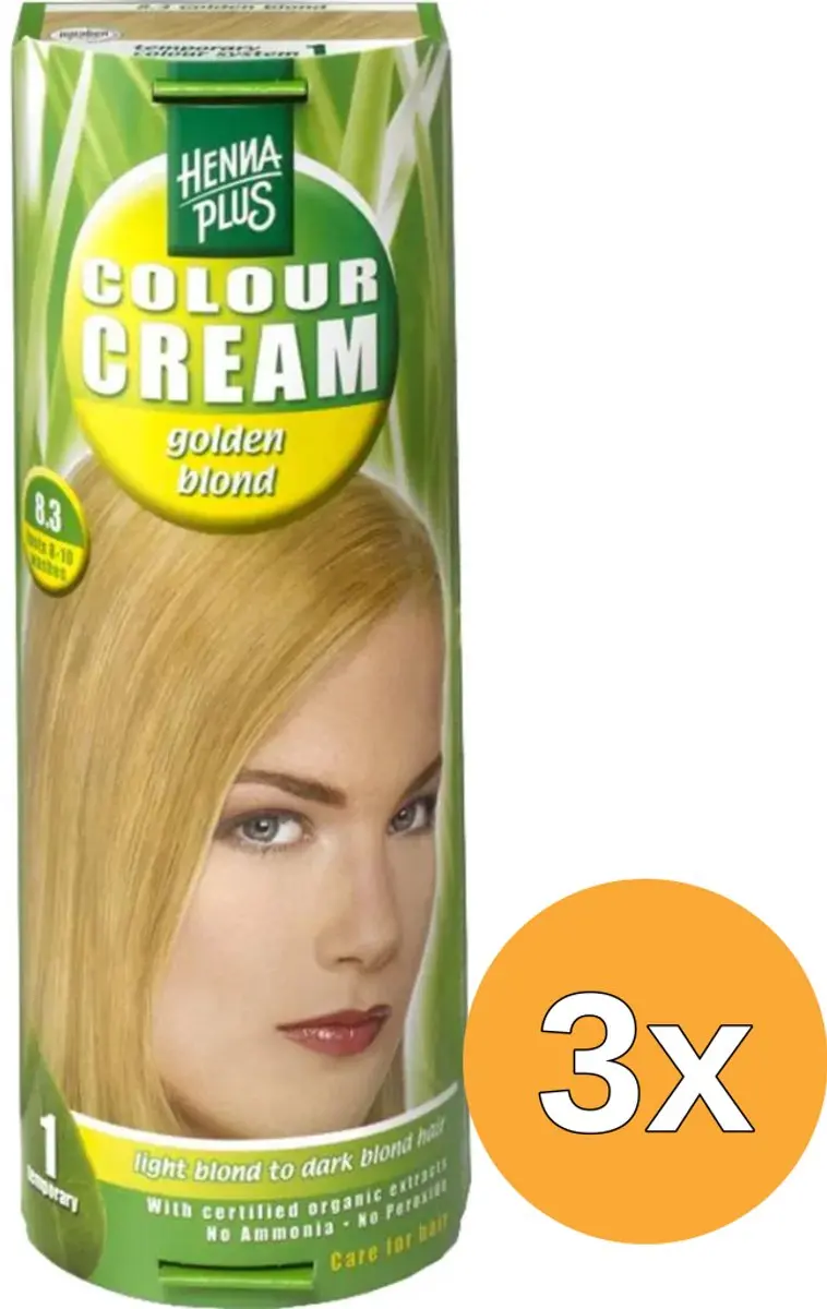 3x Hennaplus Colour Cream 8.3 Gold Blond (60 ml)