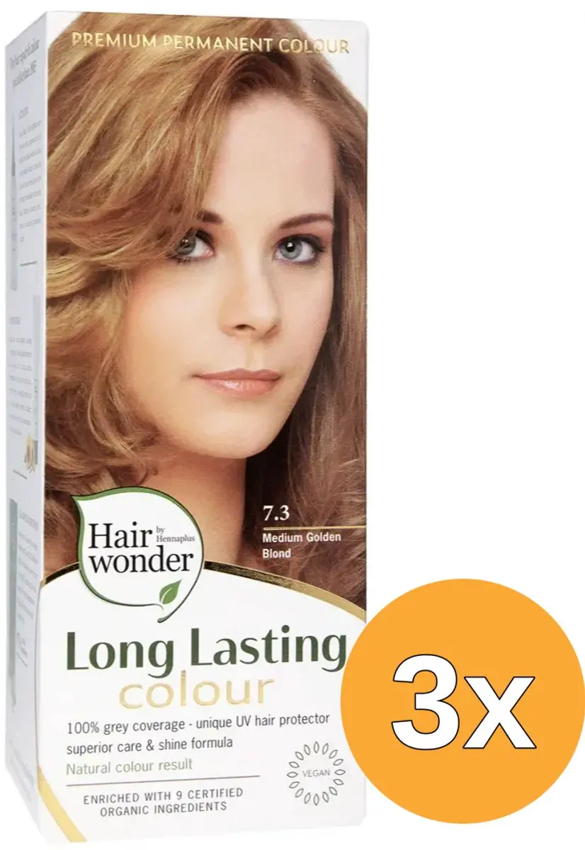 3x Hairwonder Long Lasting Colour 7.3 Medium Golden Blond (100 ml)