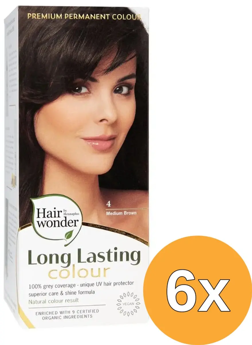 6x Hairwonder Long Lasting Colour 4 Medium Brown (100 ml)