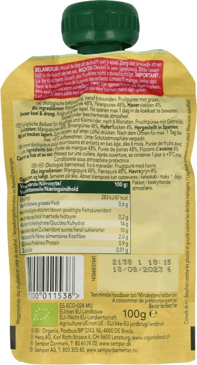 Organix Knijpfruit Mango Peer Granola 100ml