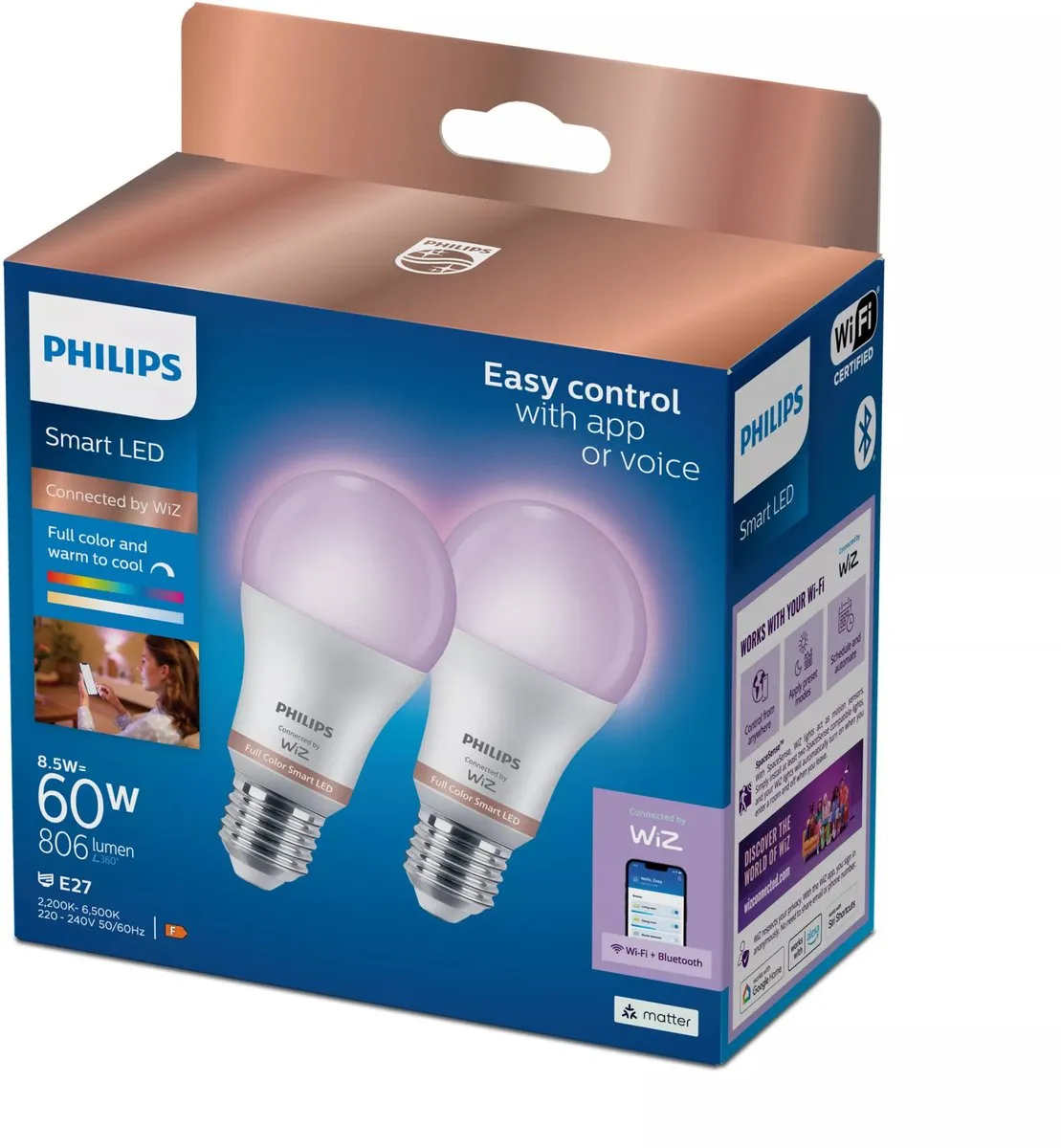 Philips Smart LED Lamp E27 RGBW 2-pack - Mat - 8.5W