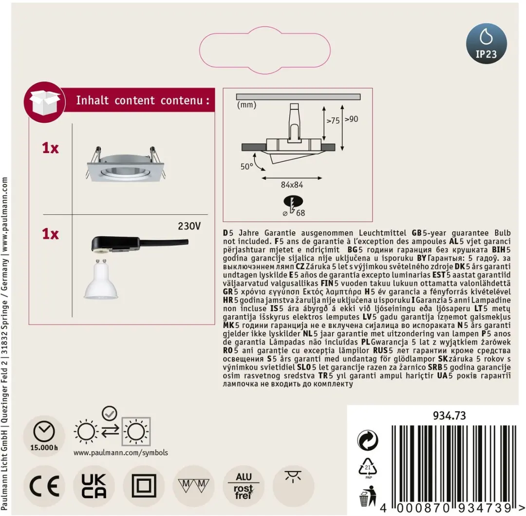 Paulmann LED-inbouwlamp Nova 84x84mm 6,5W 460lm 2700K - GU10 - Zwenkbaar - afbeelding 6 van 6