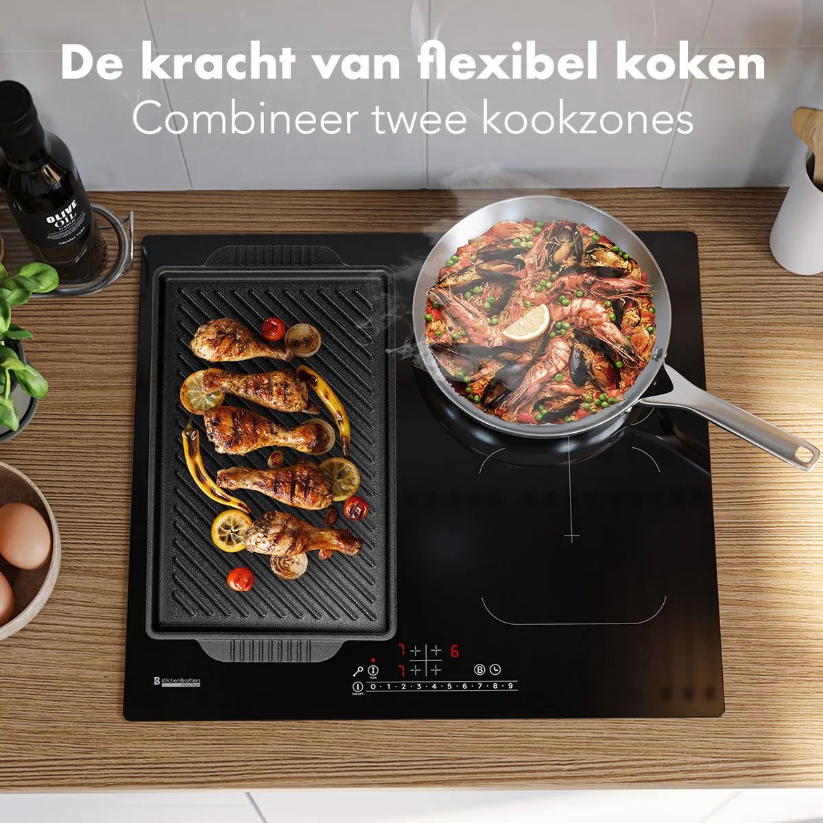 KitchenBrothers Inductie Kookplaat - Inbouw Inductieplaat - 60 cm - 4 Zones - 2x Flexzone - 1 en 2 Fase - Tot 2400W - Zwart
