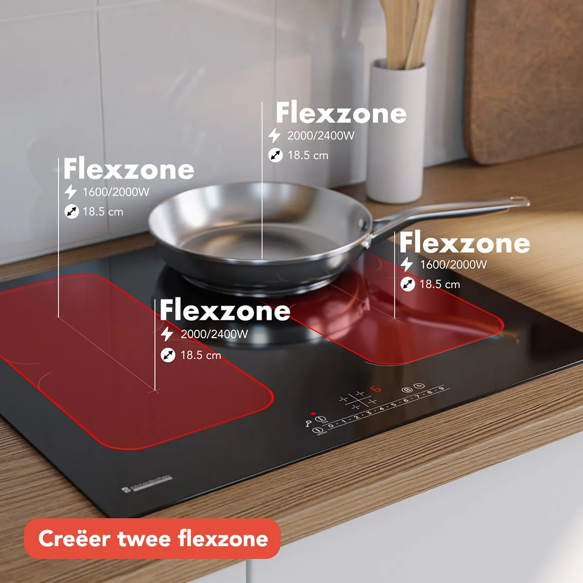 KitchenBrothers Inductie Kookplaat - Inbouw Inductieplaat - 60 cm - 4 Zones - 2x Flexzone - 1 en 2 Fase - Tot 2400W - Zwart