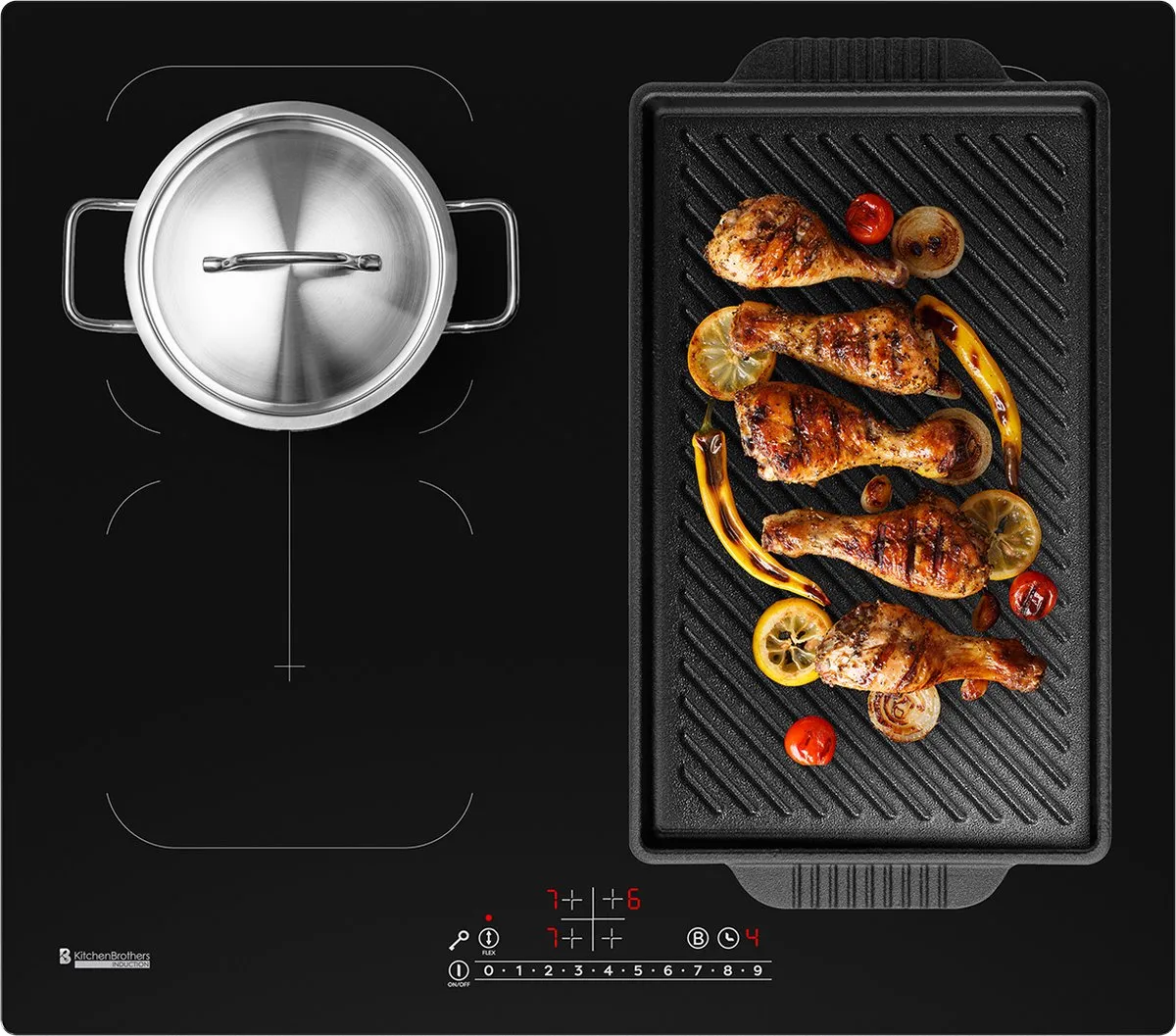KitchenBrothers Inductie Kookplaat - Inbouw Inductieplaat - 60 cm - 4 Zones - 2x Flexzone - 1 en 2 Fase - Tot 2400W - Zwart