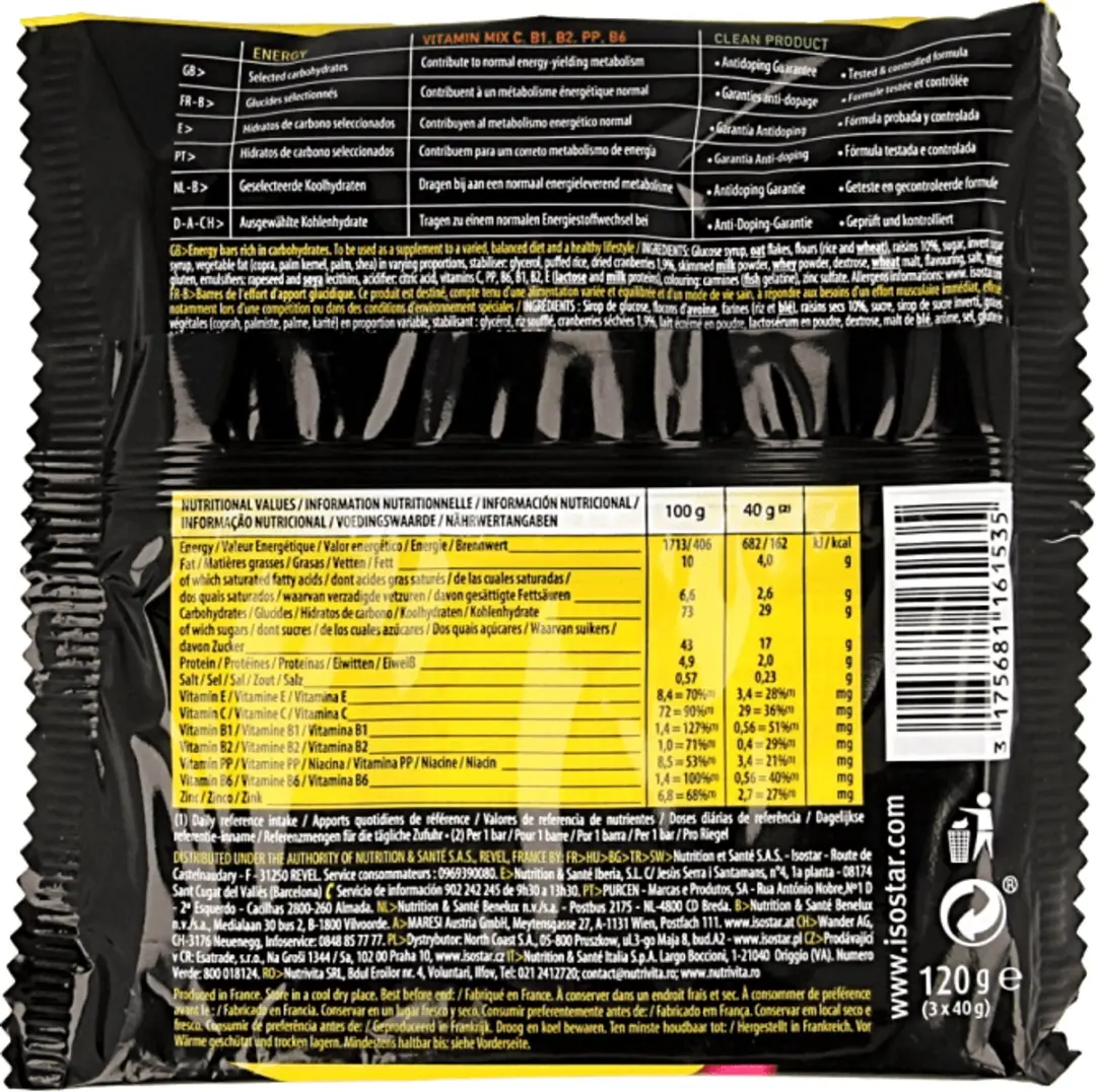 Isostar High Energy Sportreep - Cranberry - 3x40g - afbeelding 6 van 6