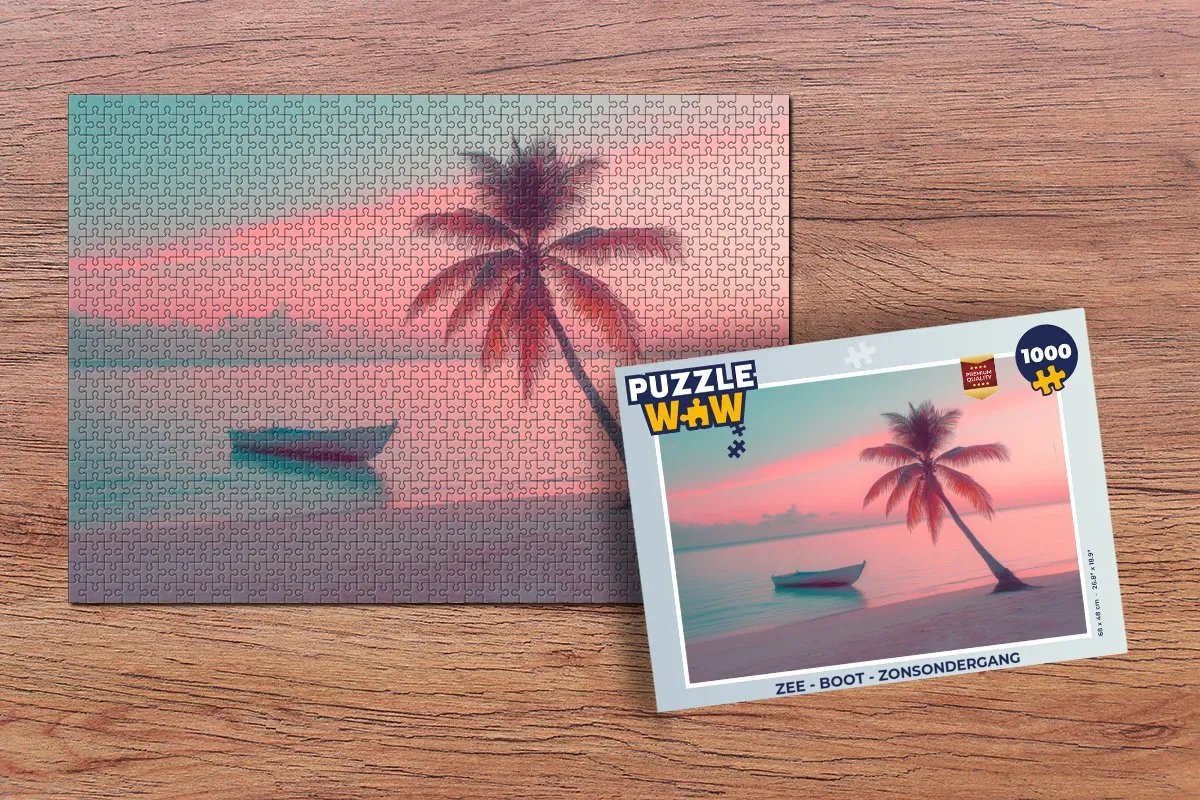 PuzzleWow Zee Boot Zonsondergang Legpuzzel 1000 Stuks - Strand/Palmboom Roze