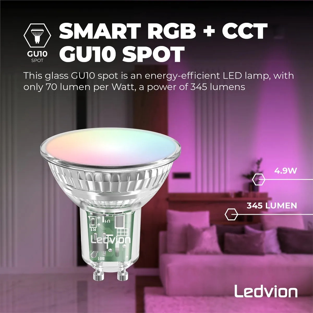 Ledvion 10x Smart RGB+CCT GU10 LED Spot 4,9W - Mat - 2200K