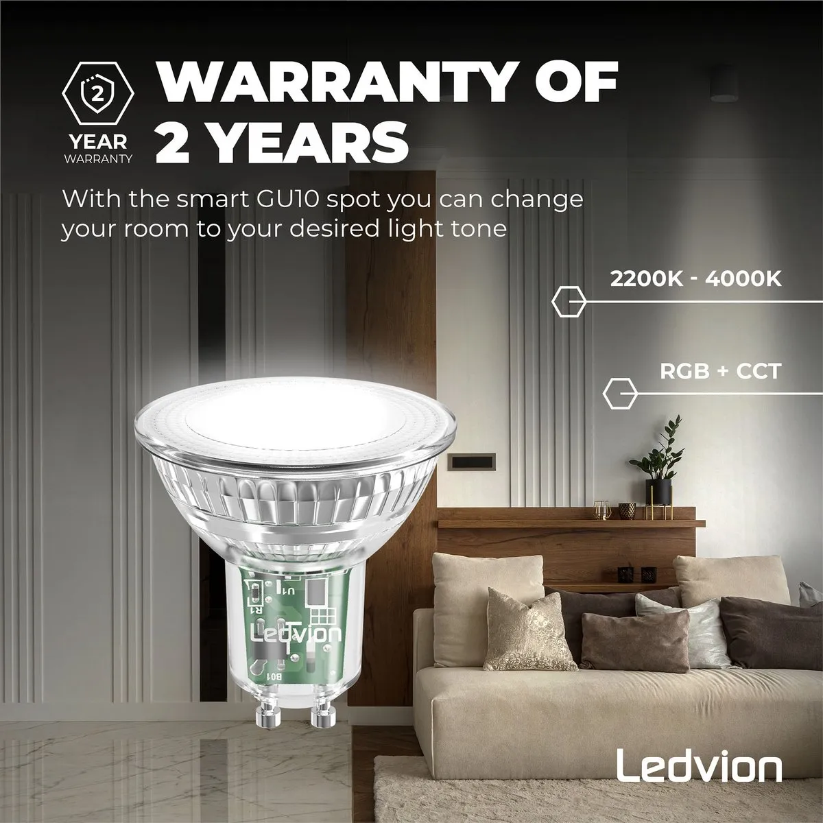 Ledvion 10x Smart RGB+CCT GU10 LED Spot 4,9W - Mat - 2200K - afbeelding 6 van 6