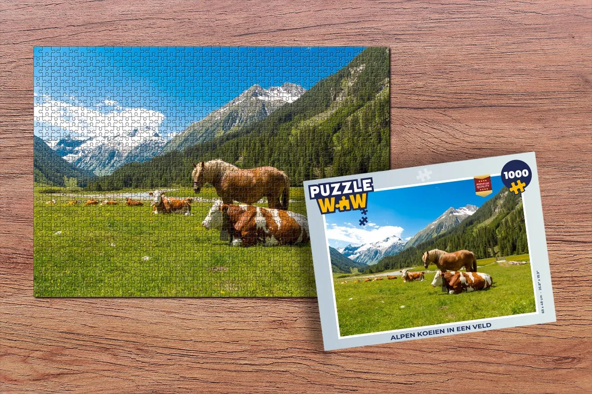 PuzzleWow Legpuzzel Koeien Paarden Alpen 1000 Stuks - Multicolor