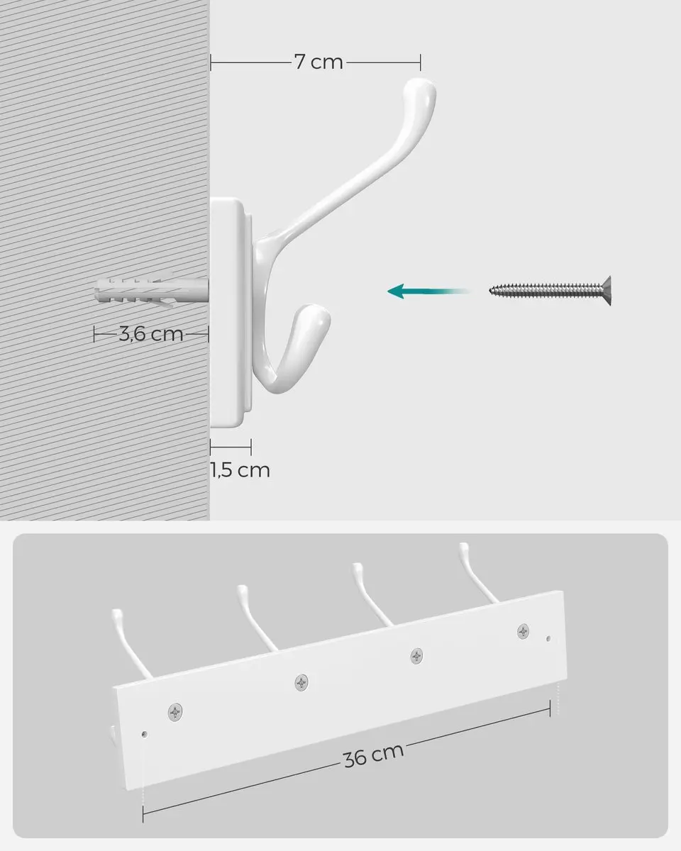 Songmics Wandkapstok 4x3 Haken - Wit - afbeelding 2 van 6