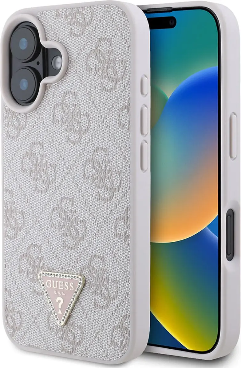 GUESS, Geschikt voor Apple iPhone 16 4G Edition Strass Triangle metallic hoesje,