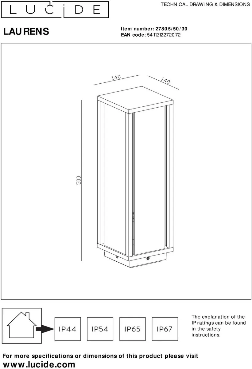 Lucide Laurens Sokkellamp E27 - IP54 - Zwart - afbeelding 6 van 6