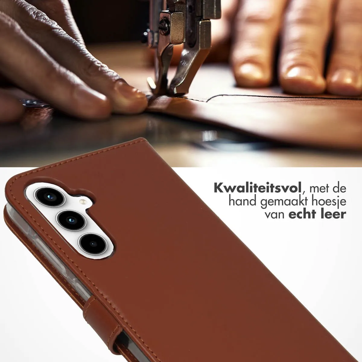 Selencia Hoesje Samsung Galaxy A35 - Echt Lederen Bookcase Lichtbruin