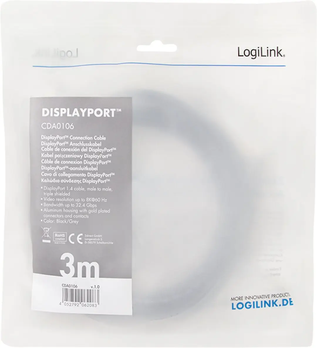 Logilink DisplayPort Kabel 3m - Zwart/Grijs - afbeelding 2 van 4