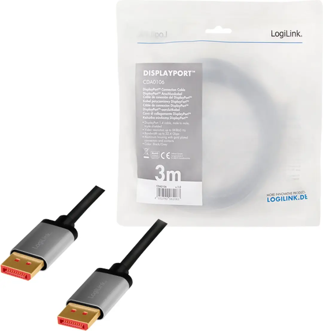 Logilink DisplayPort Kabel 3m - Zwart/Grijs - afbeelding 3 van 4