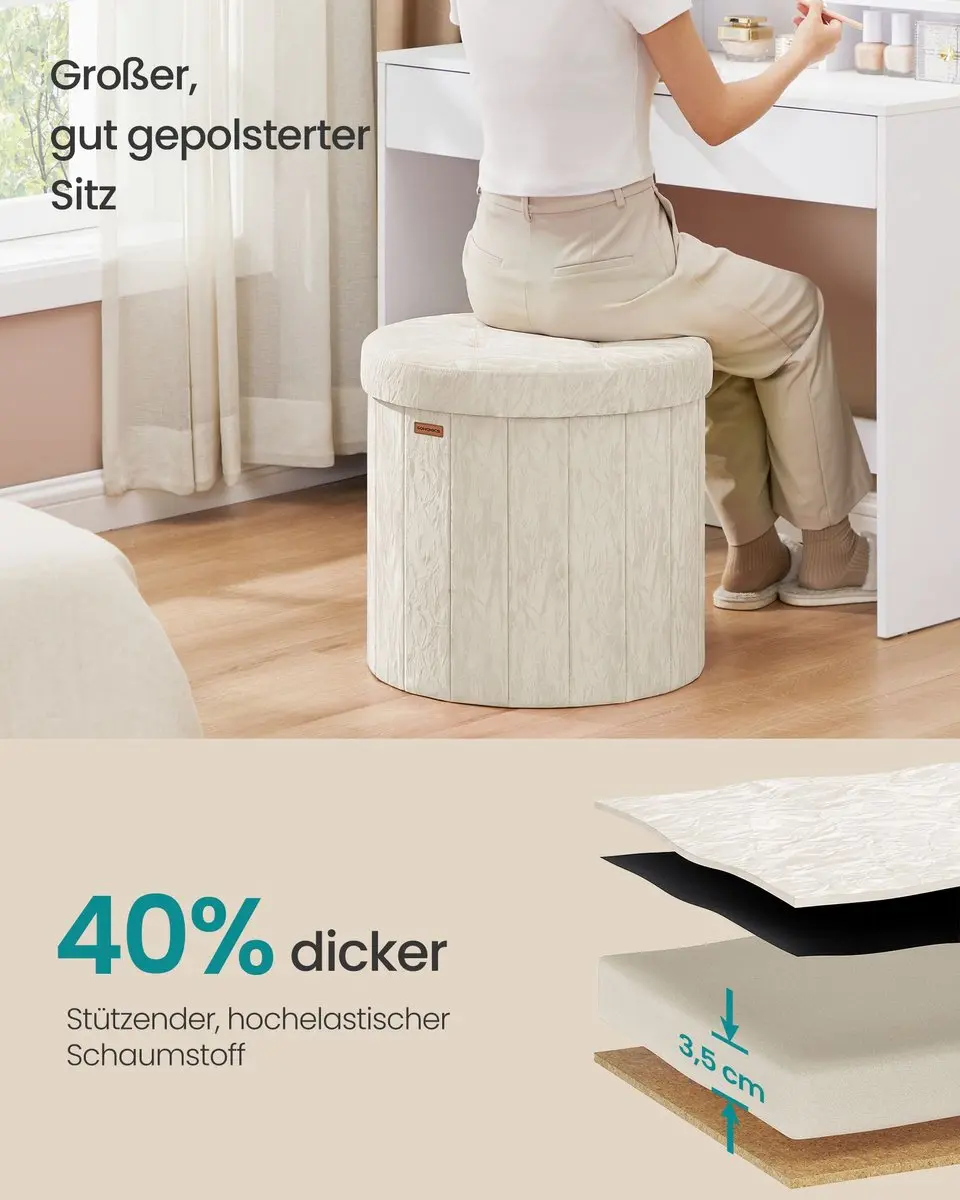 Songmics Poef met opbergruimte Crèmewit 47x47x45cm - afbeelding 4 van 6