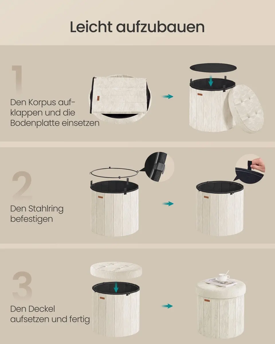 Songmics Poef met opbergruimte Crèmewit 47x47x45cm - afbeelding 6 van 6