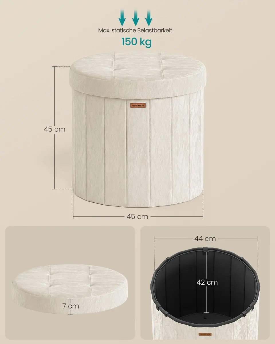 Songmics Poef met opbergruimte Crèmewit 47x47x45cm - afbeelding 5 van 6
