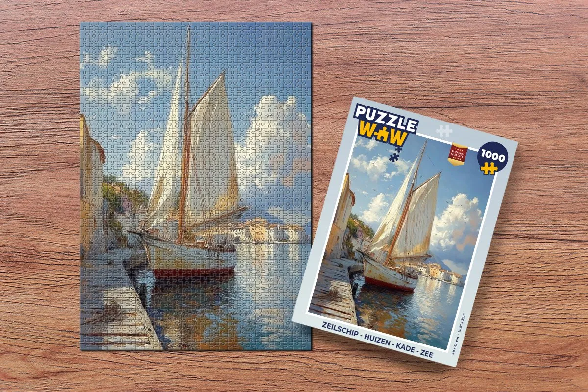 PuzzleWow Zeilschip Legpuzzel 1000 Stuks - Zee/Huizen/Kade