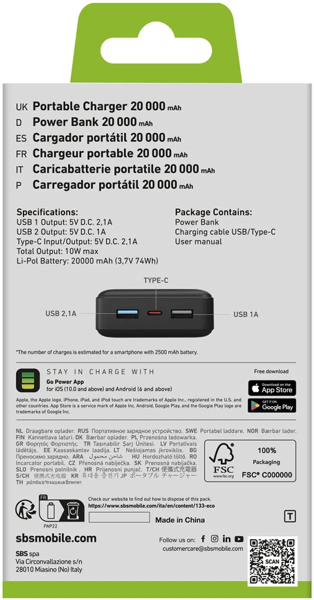 SBS Powerbank 20000mAh - 74W - USB-A/USB-C - Zwart - afbeelding 3 van 6